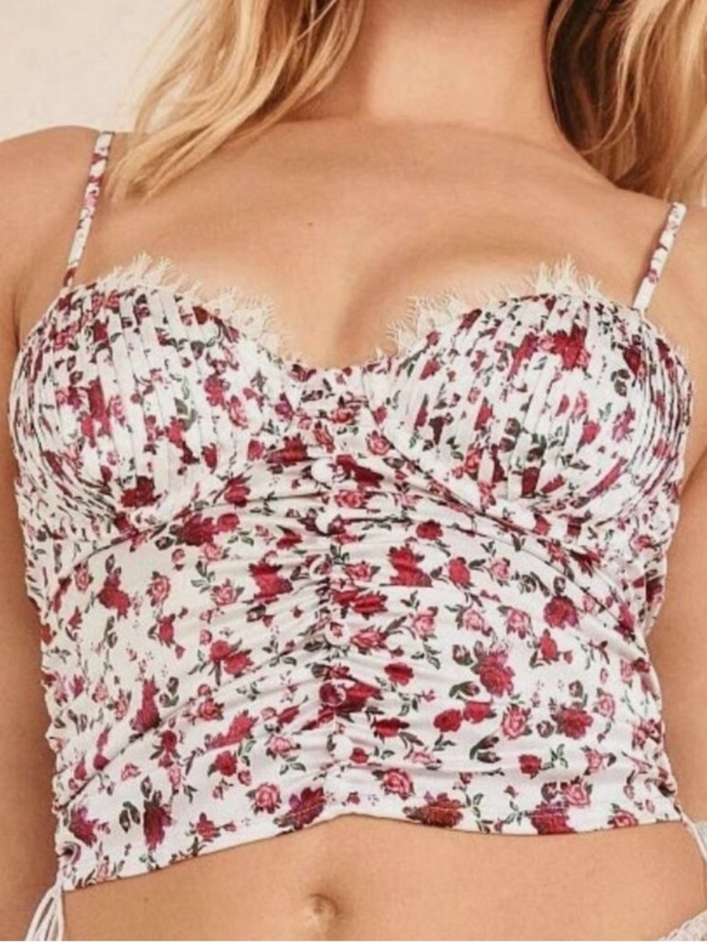 Floral Ruched Bustier Crop Top - White with Red Rose Print